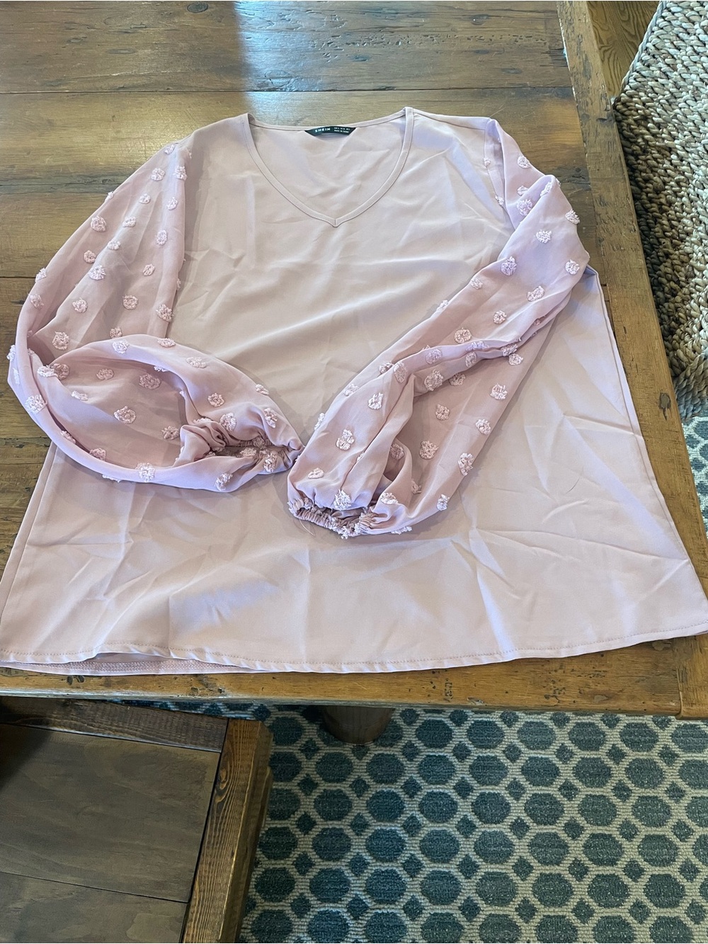 SHEIN Dusty Pink V-Neck Puff-Sleeve Tunic
